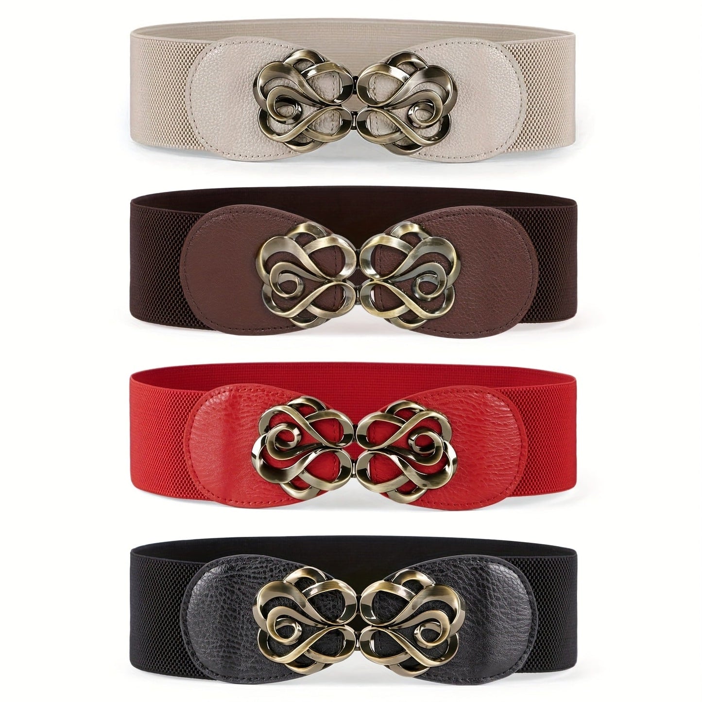 Women's Belt - Wide Elastic Set 4pcs for | Vintage Boho Waist with Golden Leaf Buckle - product detail view 5