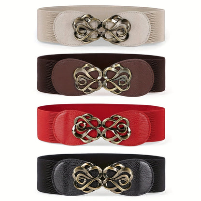 Women's Belt - Wide Elastic Set 4pcs for | Vintage Boho Waist with Golden Leaf Buckle - product detail view 5