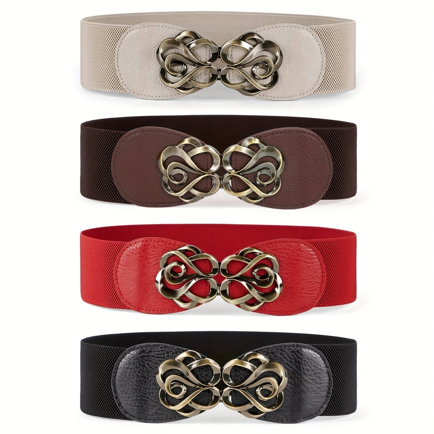 Women's Belt - Wide Elastic Set 4pcs for | Vintage Boho Waist with Golden Leaf Buckle - product detail view 6