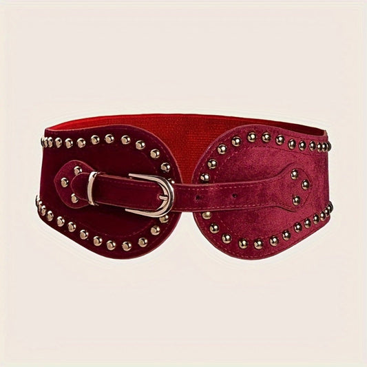 Women's Belt - Wide Elastic for Vintage - Stretchy Wide Waist with Wine Rivet & Stainless - main product view
