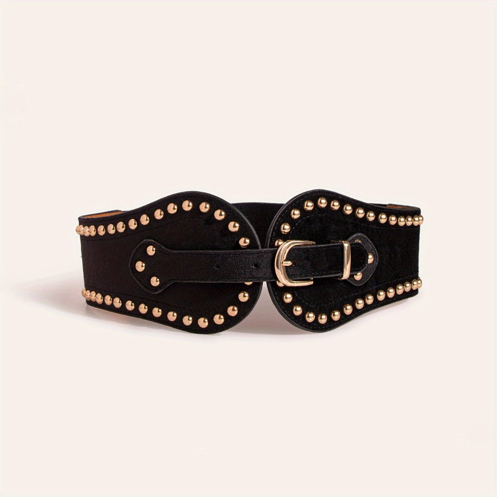 Women's Belt - Wide Elastic for Vintage - Stretchy Wide Waist with Wine Rivet & Stainless - product detail view 3