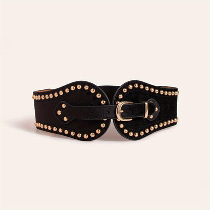 Women's Belt - Wide Elastic for Vintage - Stretchy Wide Waist with Wine Rivet & Stainless - product detail view 4