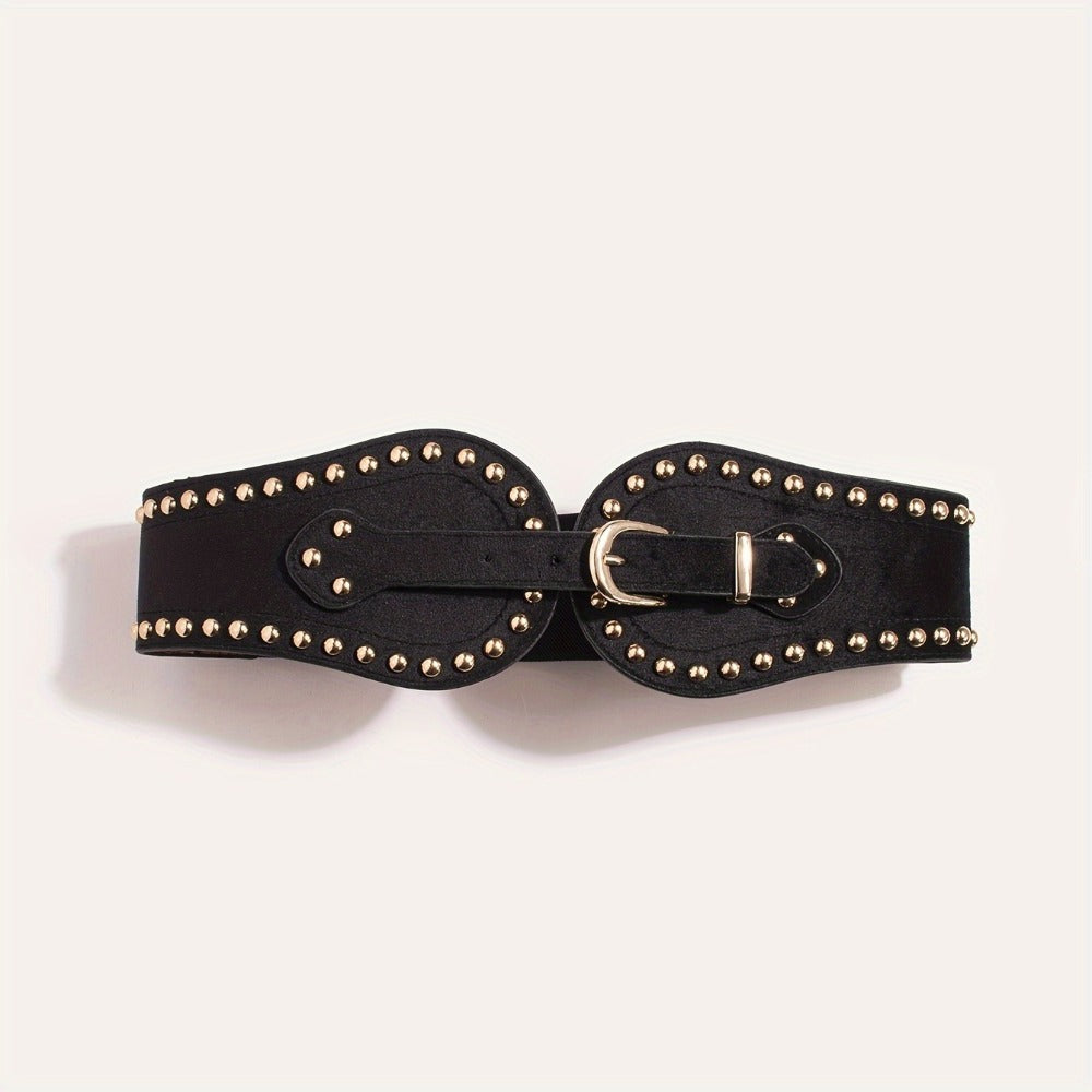 Women's Belt - Wide Elastic for Vintage - Stretchy Wide Waist with Wine Rivet & Stainless - product detail view 6