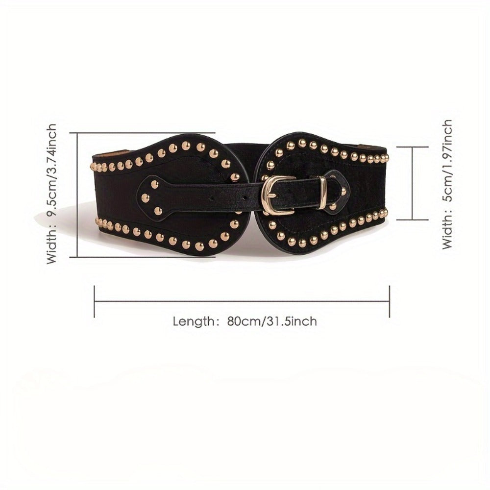 Women's Belt - Wide Elastic for Vintage - Stretchy Wide Waist with Wine Rivet & Stainless - product detail view 7