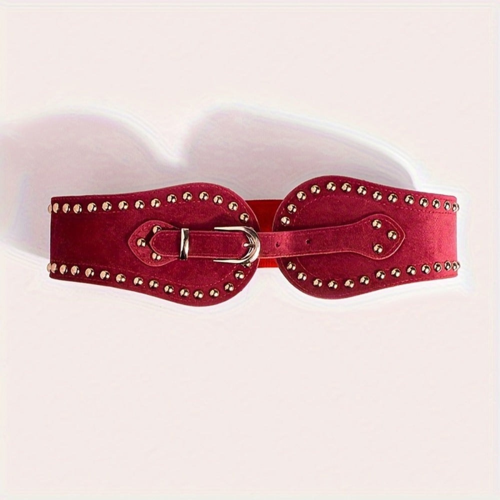 Women's Belt - Wide Elastic for Vintage - Stretchy Wide Waist with Wine Rivet & Stainless - product detail view 11