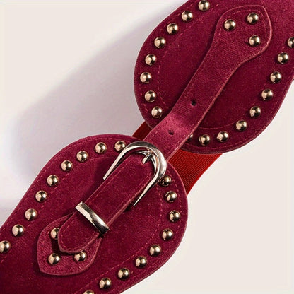 Women's Belt - Wide Elastic for Vintage - Stretchy Wide Waist with Wine Rivet & Stainless - product detail view 12