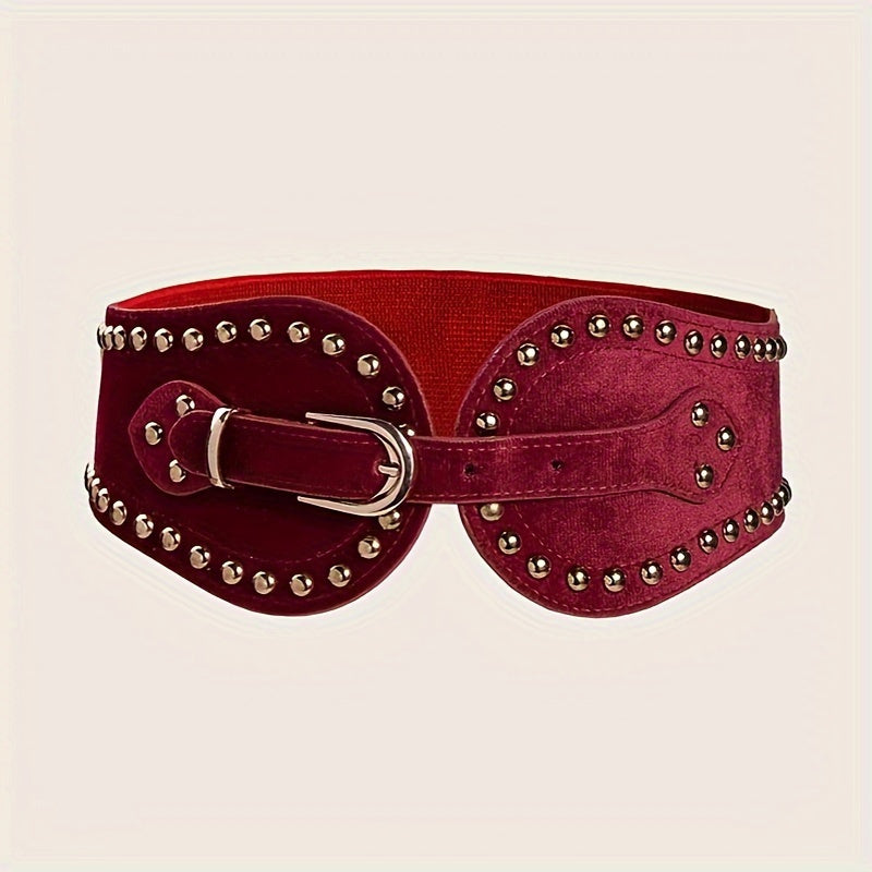 Women's Belt - Wide Elastic for Vintage - Stretchy Wide Waist with Wine Rivet & Stainless - product detail view 14