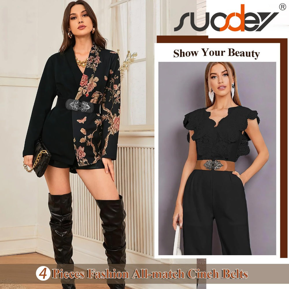 Women's Belt - Wide Elastic Waist 4 Pack Vintage Elastic Tie Waistband Corset Set Boho - product detail view 9