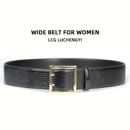 Women's Belt - Wide for Golden Double Prong Buckle Waist Ladies Fashion Cinch for Dresses - product detail view 3