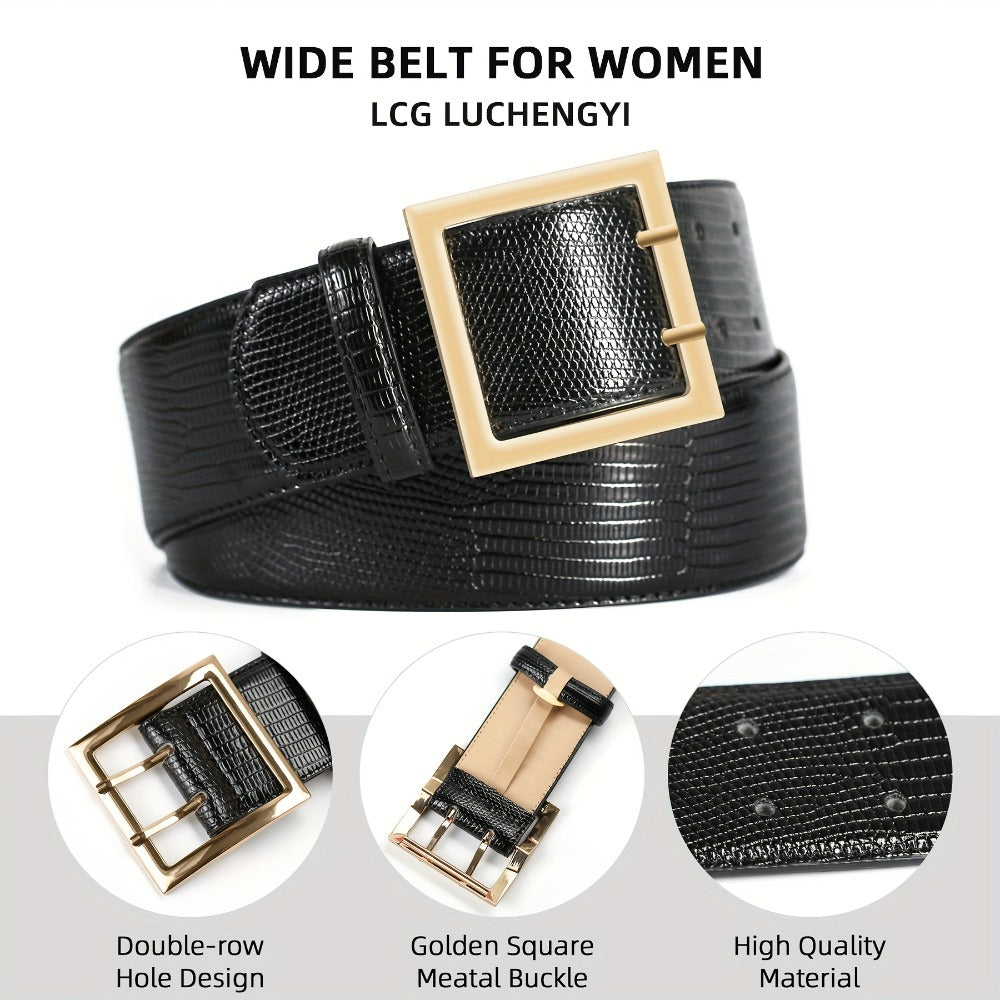 Women's Belt - Wide for Golden Double Prong Buckle Waist Ladies Fashion Cinch for Dresses - product detail view 5