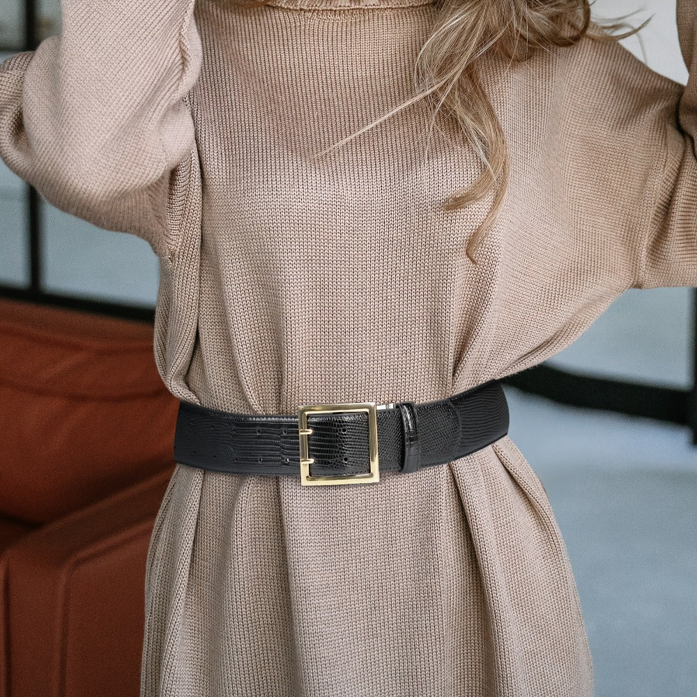 Women's Belt - Wide for Golden Double Prong Buckle Waist Ladies Fashion Cinch for Dresses - product detail view 9