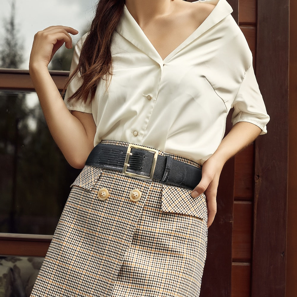 Women's Belt - Wide for Golden Double Prong Buckle Waist Ladies Fashion Cinch for Dresses - product detail view 10