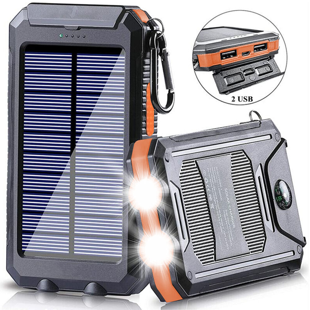 Solar Power Bank, 10000mAh Dual-USB Charger with Solar Panel, LED Lights, Compass and Black or Orange Finish