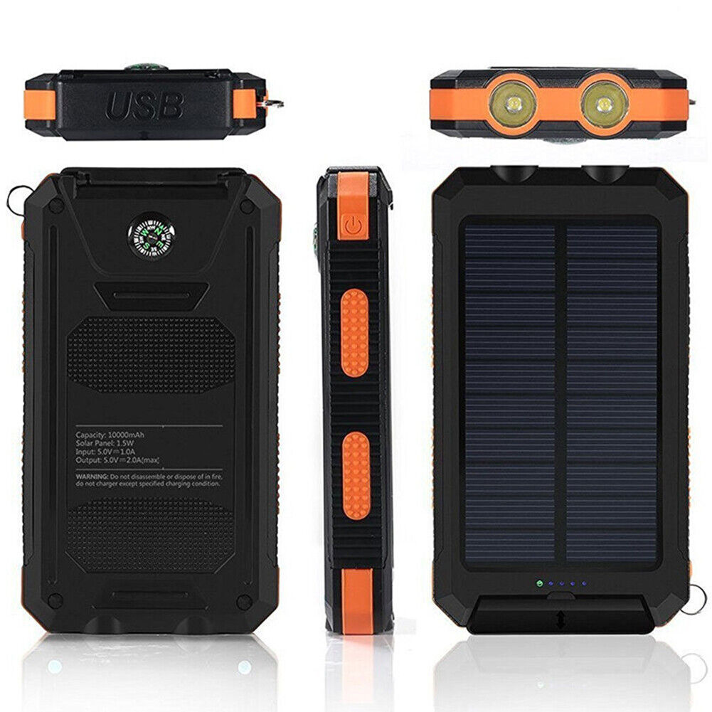 Solar Power Bank, 10000mAh Dual-USB Charger with Solar Panel, LED Lights, Compass and Black or Orange Finish
