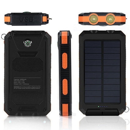 Solar Power Bank, 10000mAh Dual-USB Charger with Solar Panel, LED Lights, Compass and Black or Orange Finish