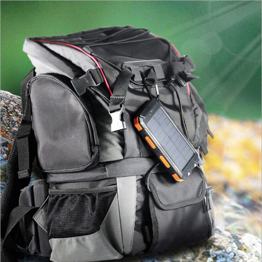 Solar Power Bank, 10000mAh Dual-USB Charger with Solar Panel, LED Lights, Compass and Black or Orange Finish