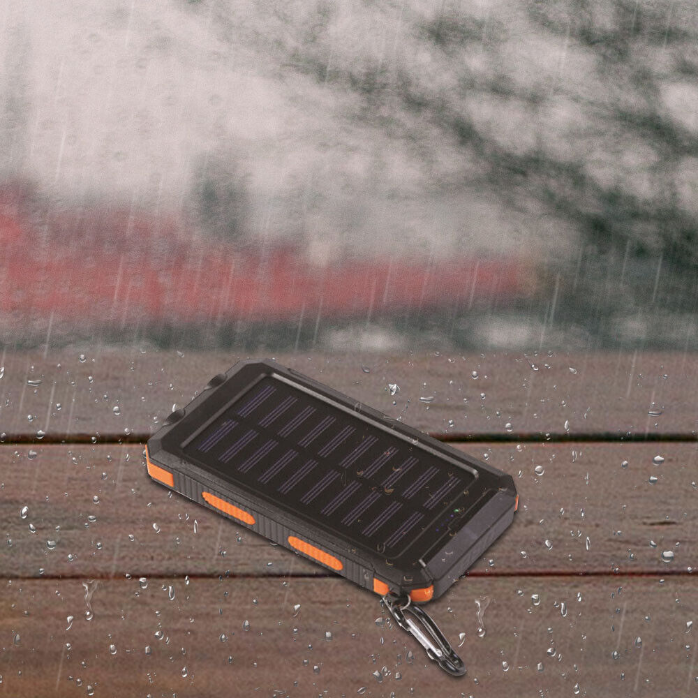 Solar Power Bank, 10000mAh Dual-USB Charger with Solar Panel, LED Lights, Compass and Black or Orange Finish