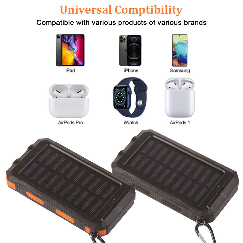 Solar Power Bank, 10000mAh Dual-USB Charger with Solar Panel, LED Lights, Compass and Black or Orange Finish