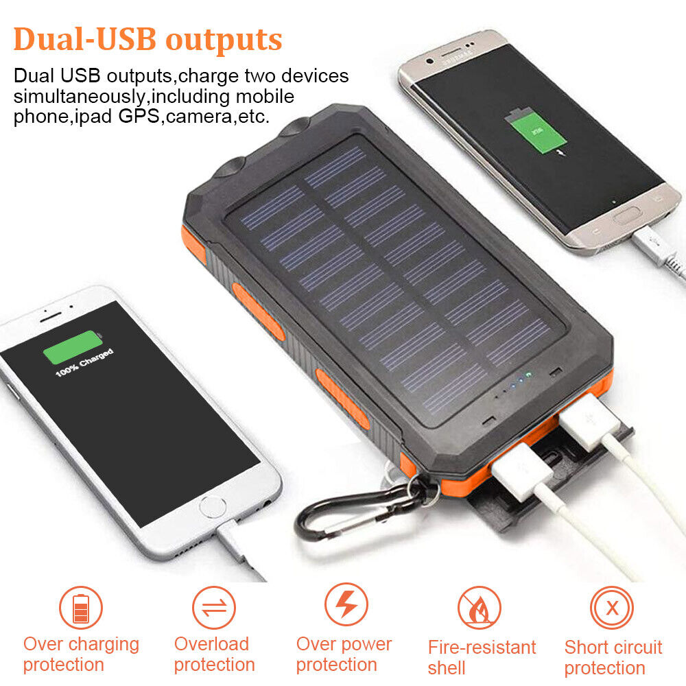 Solar Power Bank, 10000mAh Dual-USB Charger with Solar Panel, LED Lights, Compass and Black or Orange Finish