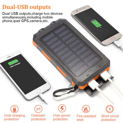 Solar Power Bank, 10000mAh Dual-USB Charger with Solar Panel, LED Lights, Compass and Black or Orange Finish