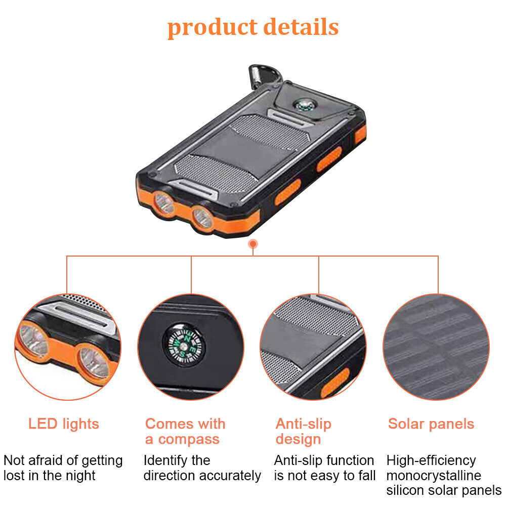 Solar Power Bank, 10000mAh Dual-USB Charger with Solar Panel, LED Lights, Compass and Black or Orange Finish
