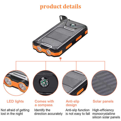 Solar Power Bank, 10000mAh Dual-USB Charger with Solar Panel, LED Lights, Compass and Black or Orange Finish