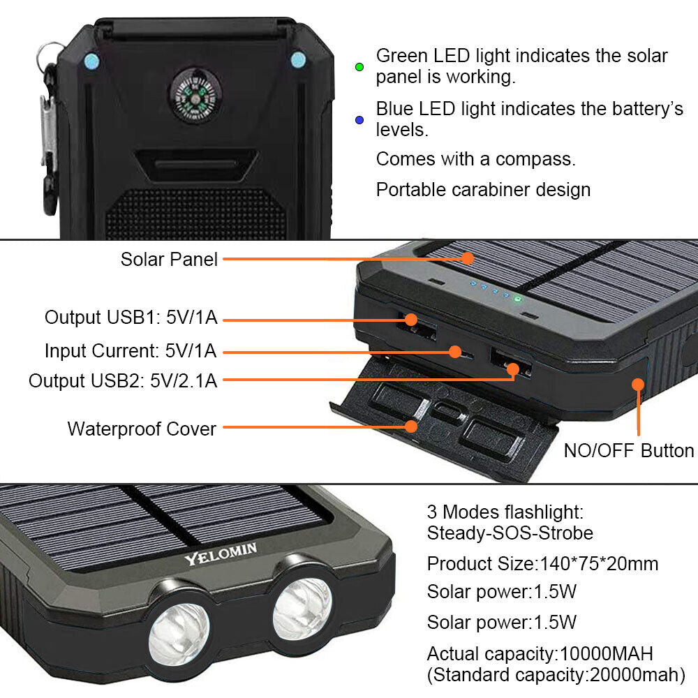 Solar Power Bank, 10000mAh Dual-USB Charger with Solar Panel, LED Lights, Compass and Black or Orange Finish