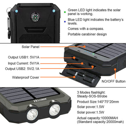 Solar Power Bank, 10000mAh Dual-USB Charger with Solar Panel, LED Lights, Compass and Black or Orange Finish