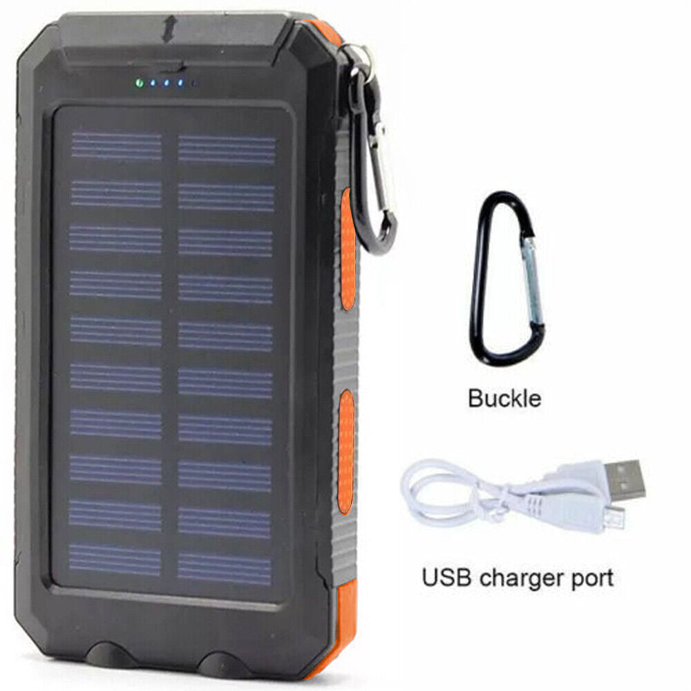 Solar Power Bank, 10000mAh Dual-USB Charger with Solar Panel, LED Lights, Compass and Black or Orange Finish