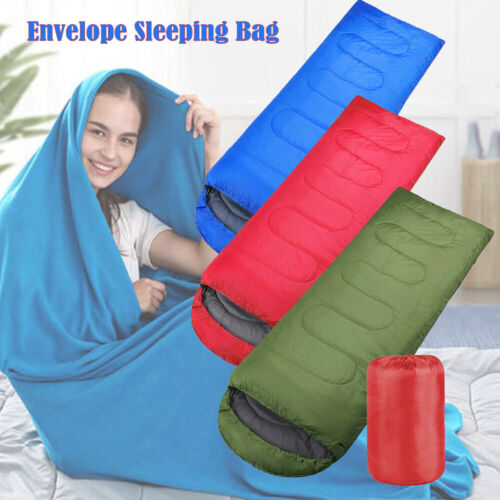 Envelope Camping Sleeping Bag in Blue, Army Green, Dark Blue or Red with Hood, Zip Closure and Carry Sack