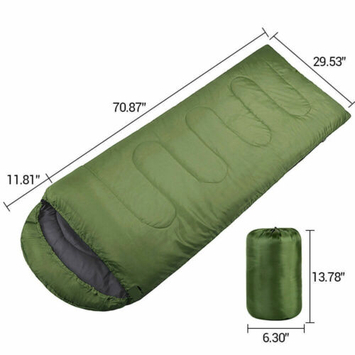 Envelope Camping Sleeping Bag in Blue, Army Green, Dark Blue or Red with Hood, Zip Closure and Carry Sack
