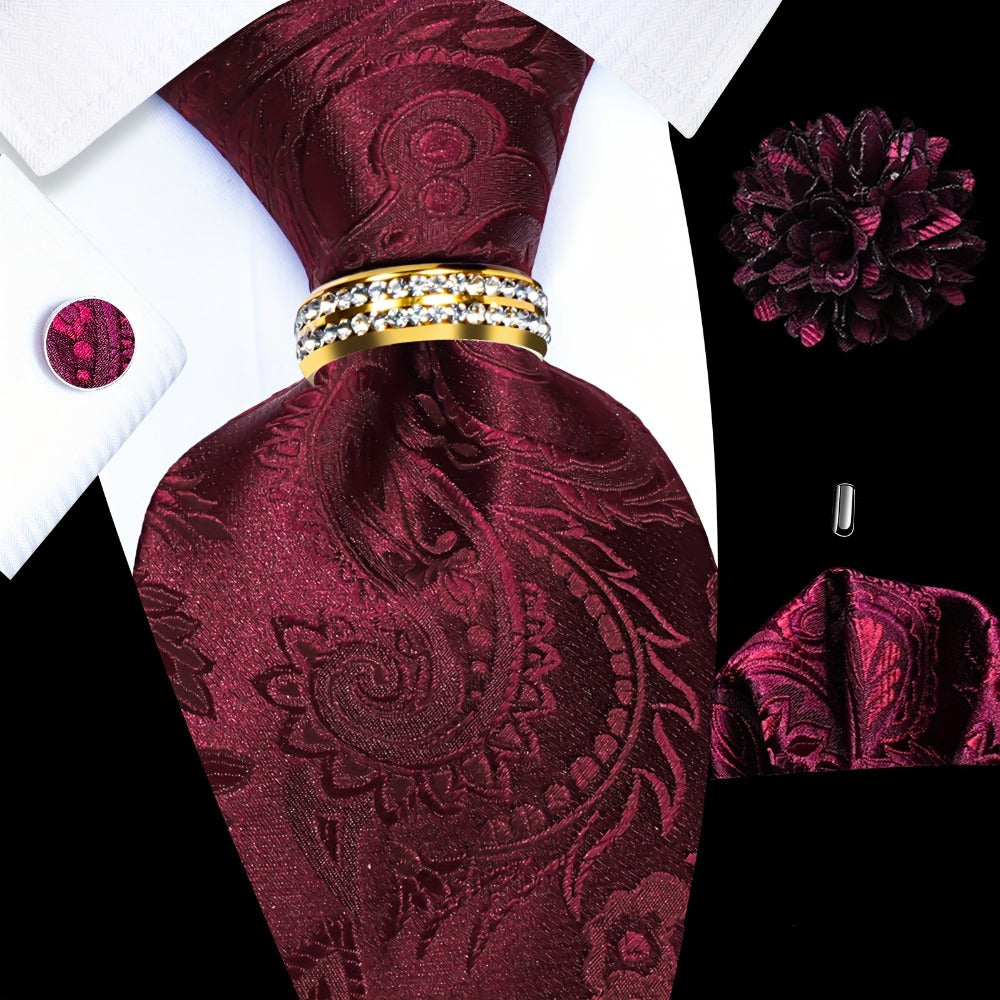 Men's Necktie - Paisley Tie Set for 5 Piece Silk Pocket Square Cufflinks Tie Ring Lapel - product detail view 3