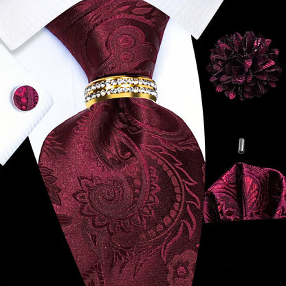 Men's Necktie - Paisley Tie Set for 5 Piece Silk Pocket Square Cufflinks Tie Ring Lapel - product detail view 3