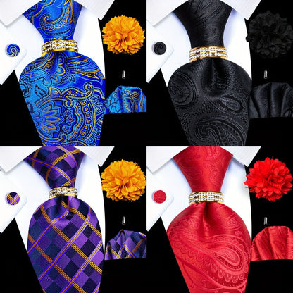 Men's Necktie - Paisley Tie Set for 5 Piece Silk Pocket Square Cufflinks Tie Ring Lapel - product detail view 4