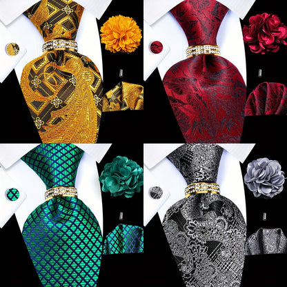 Men's Necktie - Paisley Tie Set for 5 Piece Silk Pocket Square Cufflinks Tie Ring Lapel - product detail view 6