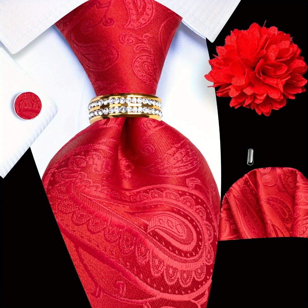Men's Necktie - Paisley Tie Set for 5 Piece Silk Pocket Square Cufflinks Tie Ring Lapel - product detail view 7