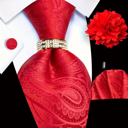 Men's Necktie - Paisley Tie Set for 5 Piece Silk Pocket Square Cufflinks Tie Ring Lapel - product detail view 7