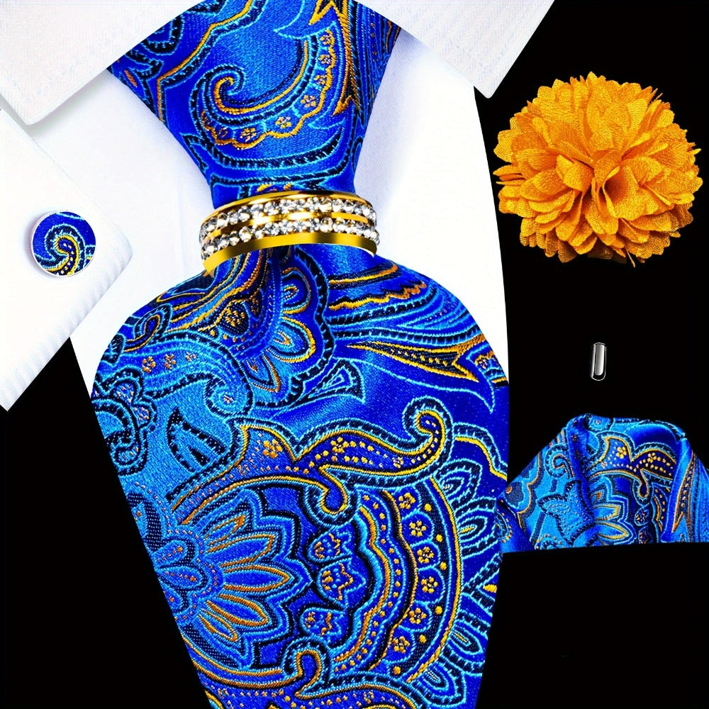 Men's Necktie - Paisley Tie Set for 5 Piece Silk Pocket Square Cufflinks Tie Ring Lapel - product detail view 13