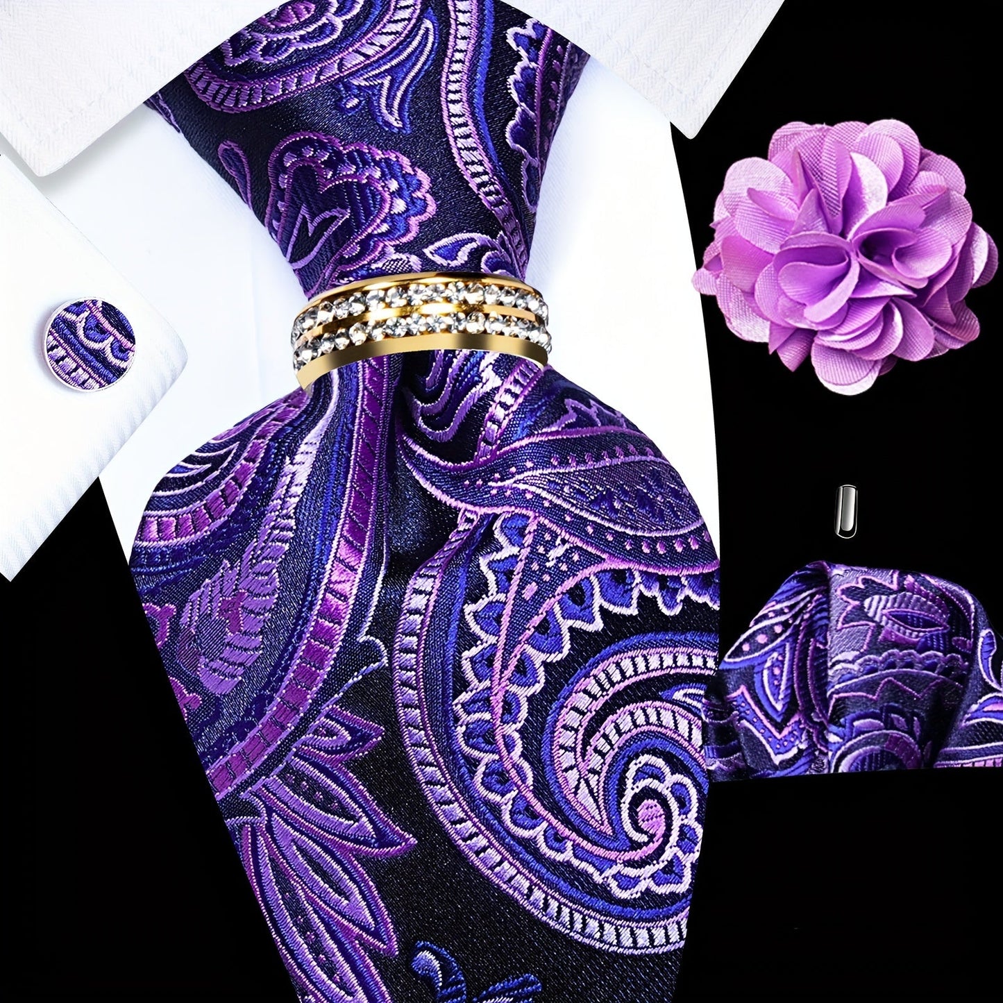 Men's Necktie - Paisley Tie Set for 5 Piece Silk Pocket Square Cufflinks Tie Ring Lapel - product detail view 20