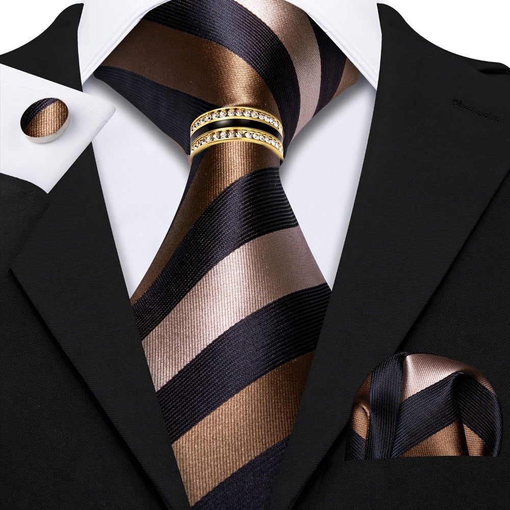 Men's Necktie - 's Set with Pocket Square Cufflinks & Golden Ring | Woven Tie for Wedding - product detail view 4