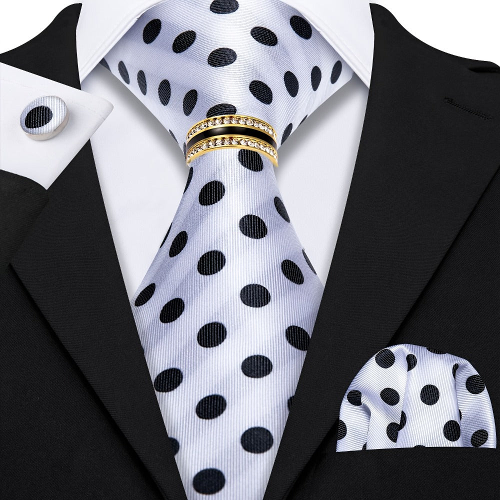 Men's Necktie - 's Set with Pocket Square Cufflinks & Golden Ring | Woven Tie for Wedding - product detail view 6