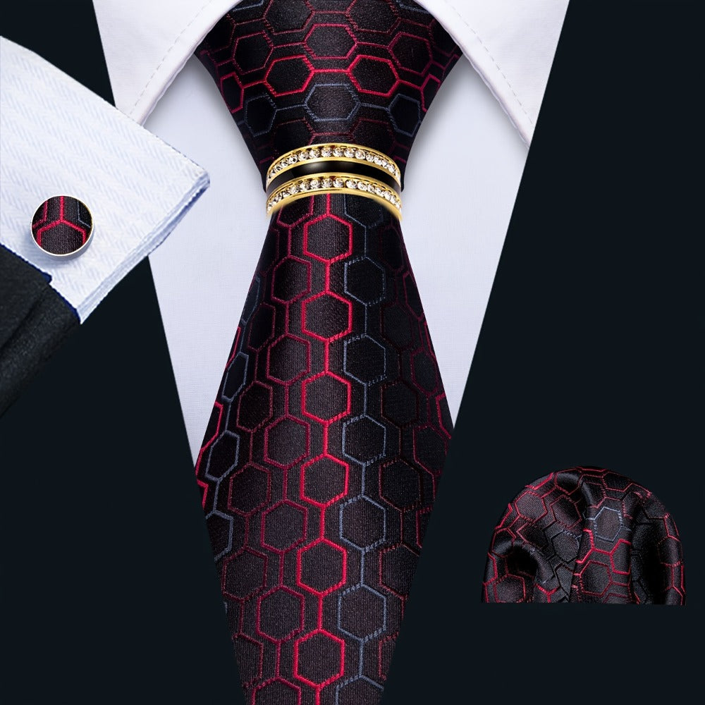 Men's Necktie - 's Set with Pocket Square Cufflinks & Golden Ring | Woven Tie for Wedding - product detail view 8