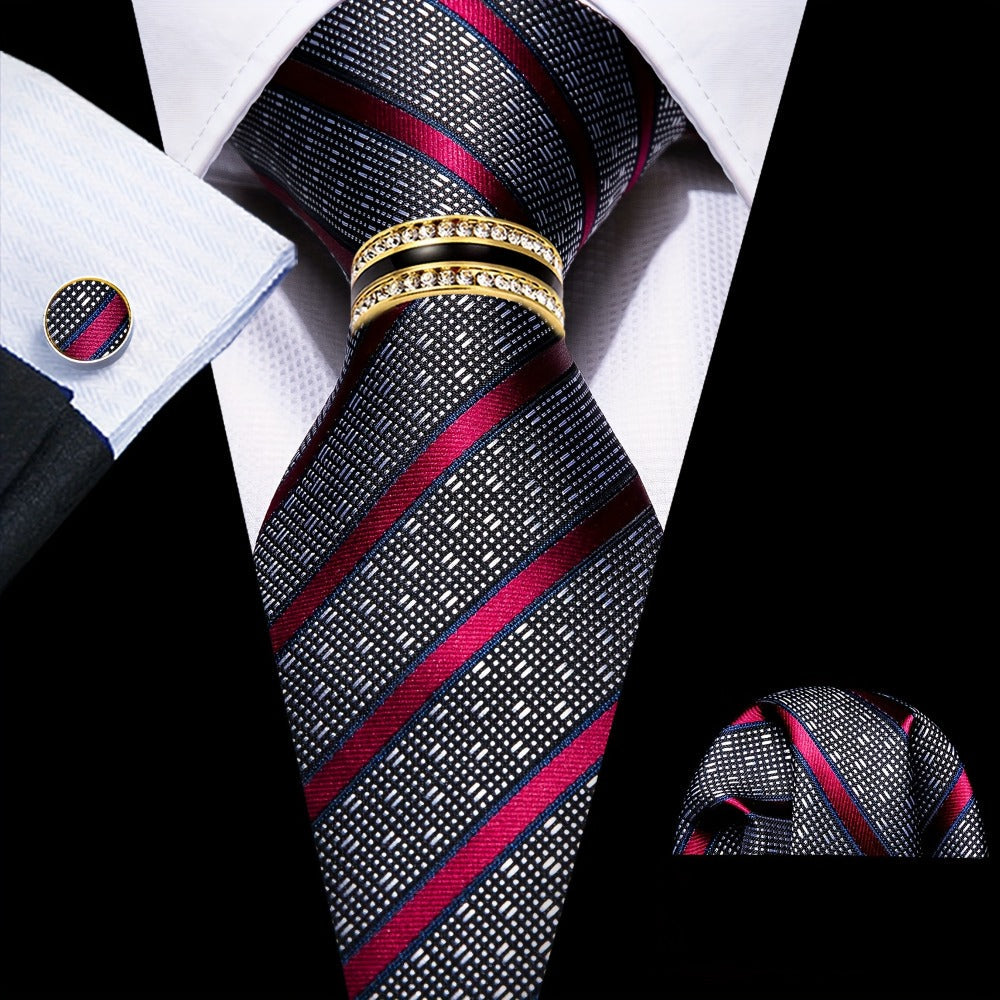 Men's Necktie - 's Set with Pocket Square Cufflinks & Golden Ring | Woven Tie for Wedding - product detail view 11