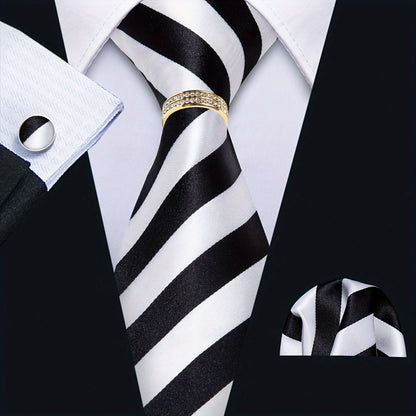 Men's Necktie - 's Set with Pocket Square Cufflinks & Golden Ring | Woven Tie for Wedding - product detail view 13