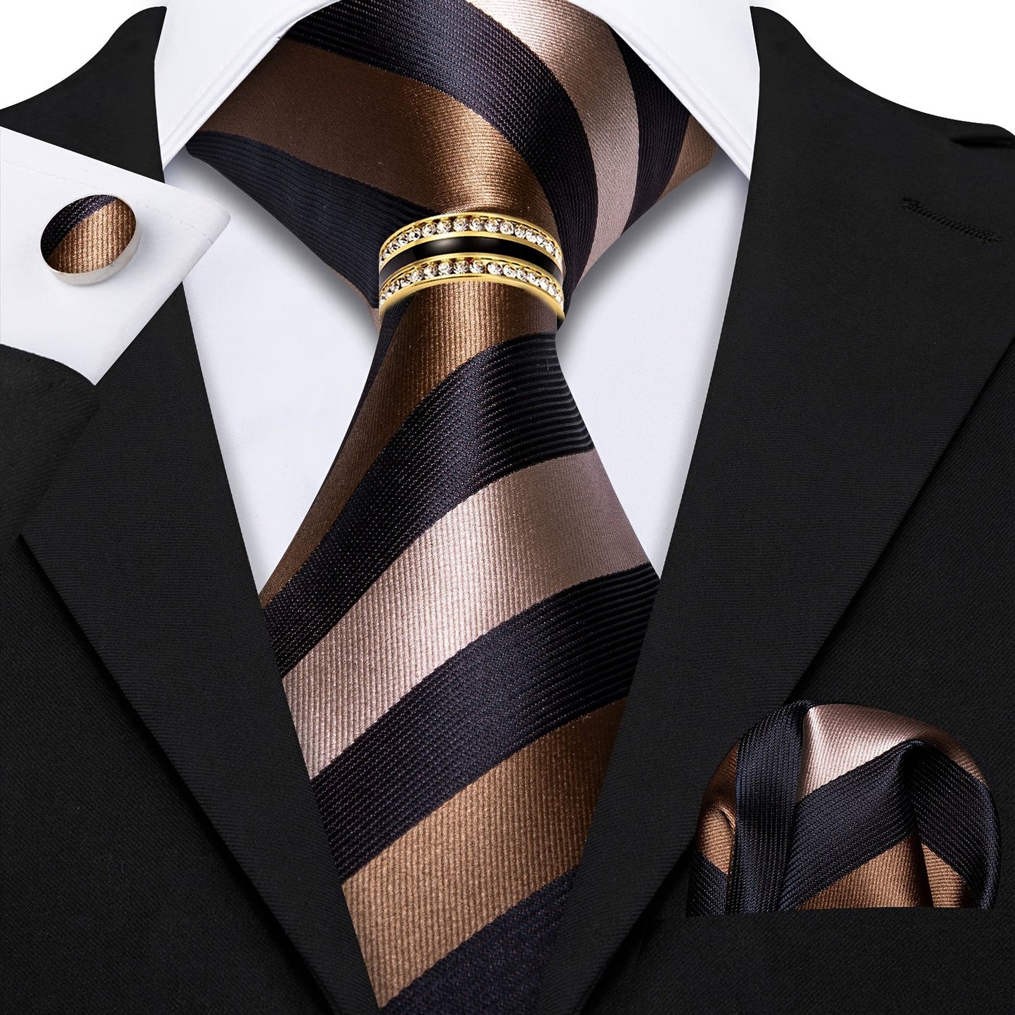 Men's Necktie - 's Set with Pocket Square Cufflinks & Golden Ring | Woven Tie for Wedding - product detail view 14