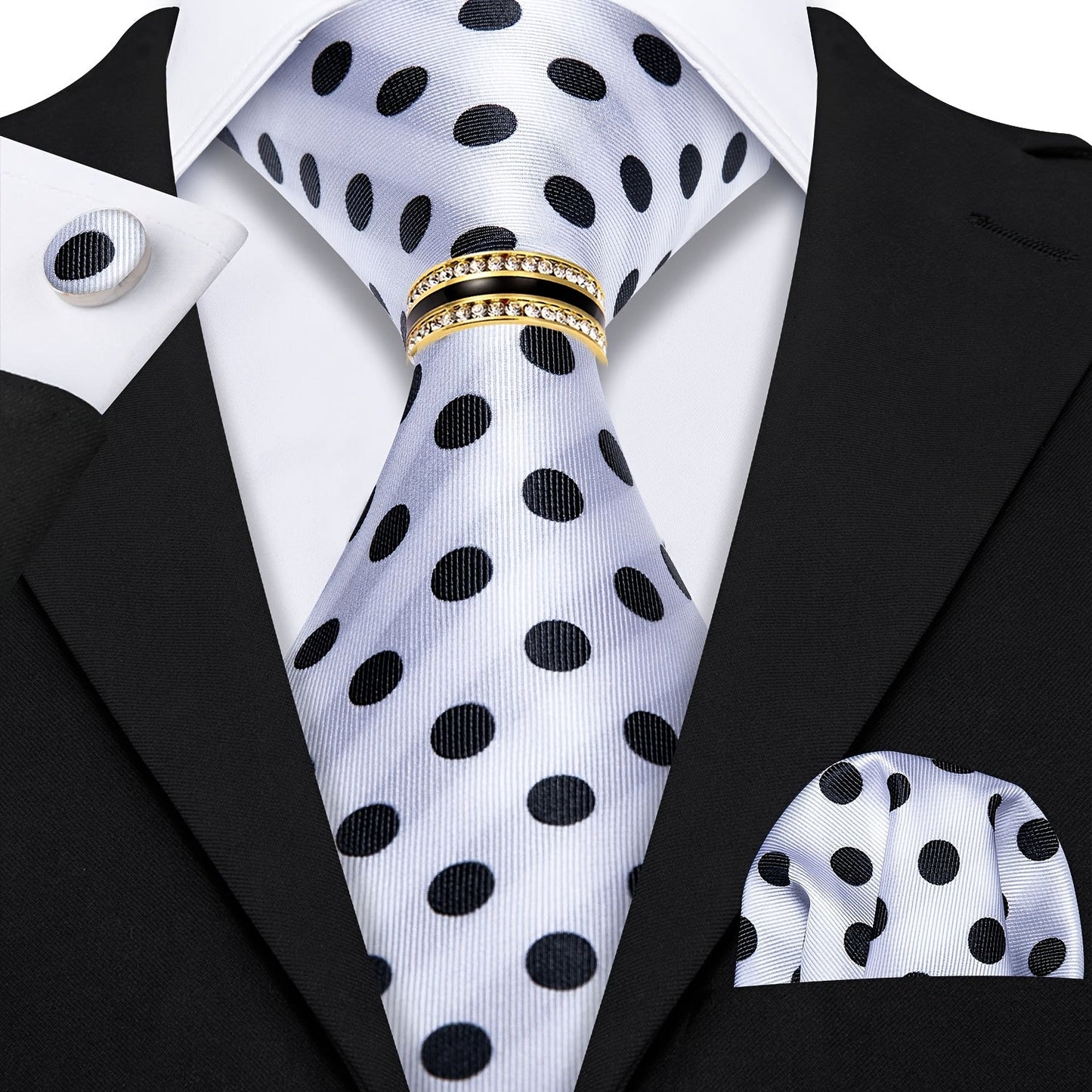 Men's Necktie - 's Set with Pocket Square Cufflinks & Golden Ring | Woven Tie for Wedding - product detail view 15