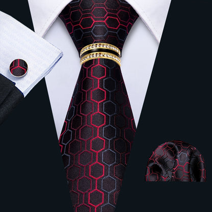 Men's Necktie - 's Set with Pocket Square Cufflinks & Golden Ring | Woven Tie for Wedding - product detail view 16