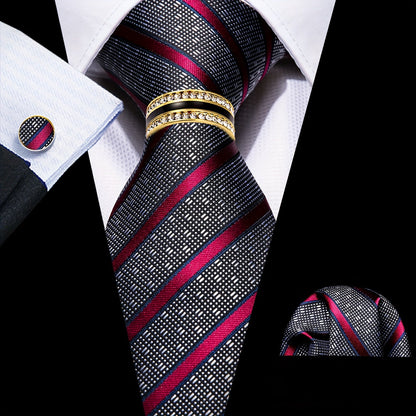 Men's Necktie - 's Set with Pocket Square Cufflinks & Golden Ring | Woven Tie for Wedding - product detail view 17