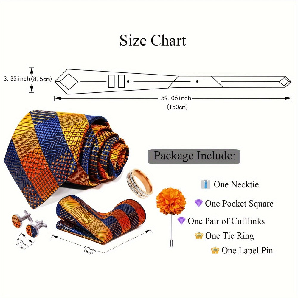 Men's Necktie - 's Wedding Set 5pcs - Matching Tie Pocket Square Cufflinks Tie Ring & - product detail view 14