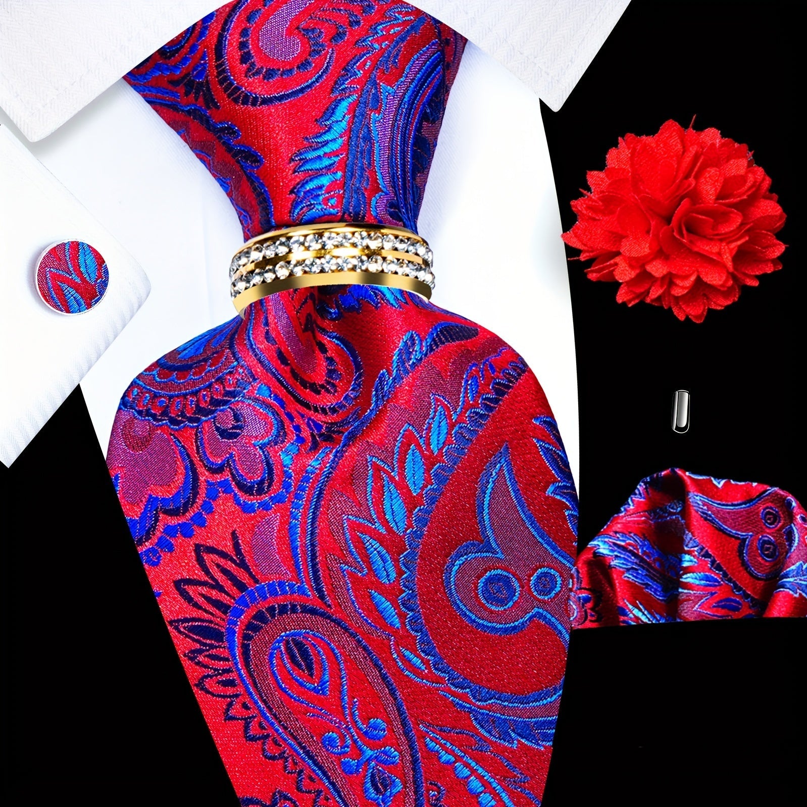 Men's Necktie - 's Wedding Set 5pcs - Matching Tie Pocket Square Cufflinks Tie Ring & - product detail view 15